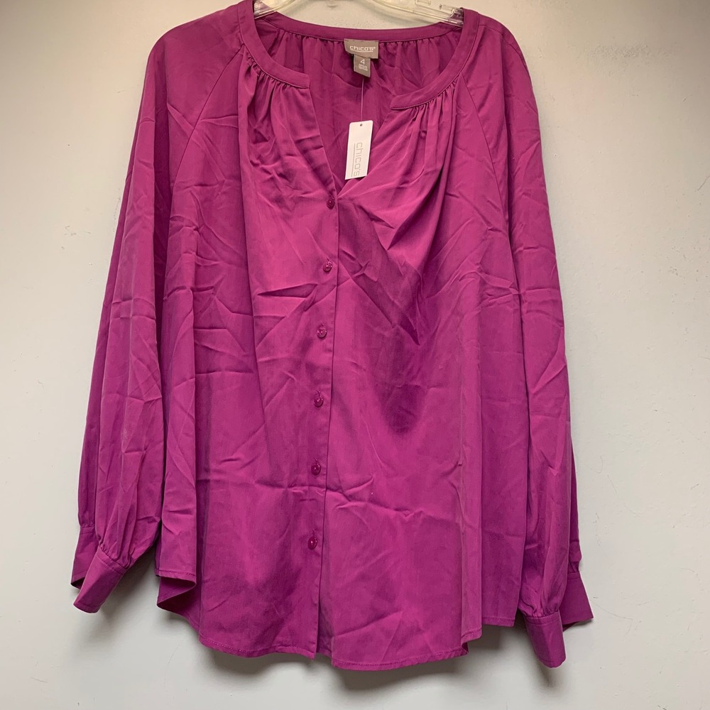 Chico's Button Down Blouse Womens 4 Wild Mulberry NEW Shirred Neck 570360655